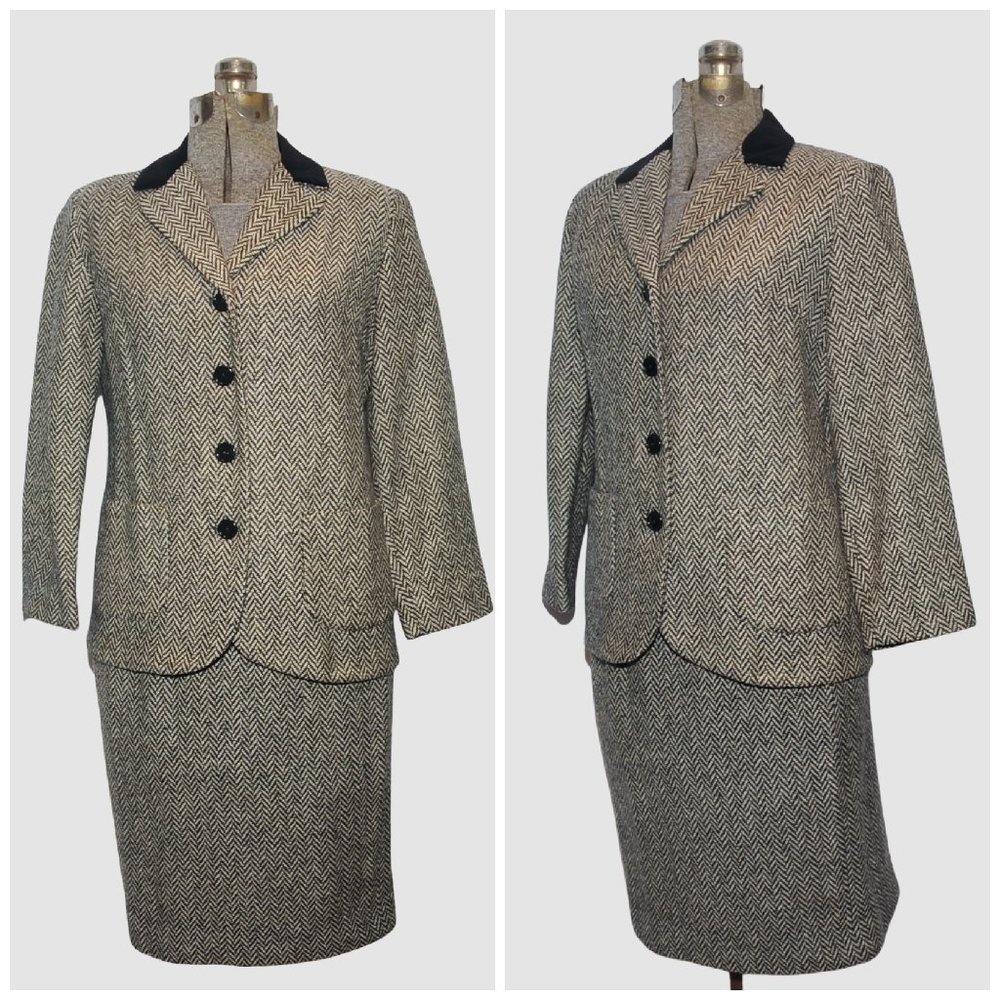 VTG 70's Black & Ivory Herringbone Check Wool Skirt Suit Size S/M by Sportster